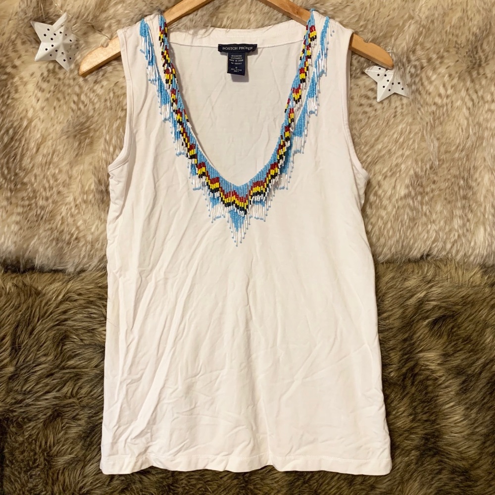 Boston Proper Beaded White Tank Top